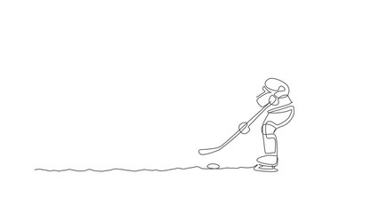 Poster - Animation of one line drawing spaceman astronaut practicing ice hockey in cosmic galaxy. Healthy outer space cosmonaut lifestyle sport concept. Continuous line self draw animated. Full length motion.