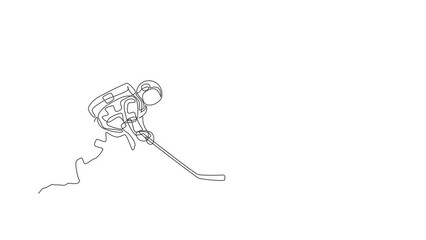 Poster - animated self drawing of continuous line draw astronaut training ice hockey on moon surface, deep sp