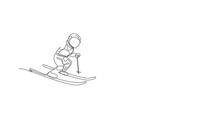 Poster - Animated self drawing of one continuous line draw astronaut skiing in deep space galaxy. Spaceman healthy fitness sport concept. Full length single line animation illustration.