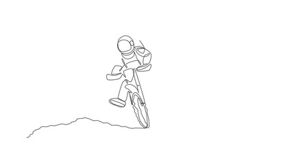 Poster - Animation of one line drawing spaceman astronaut practicing motocross in cosmic galaxy. Healthy outer space cosmonaut lifestyle sport concept. Continuous line self draw animated. Full length motion.