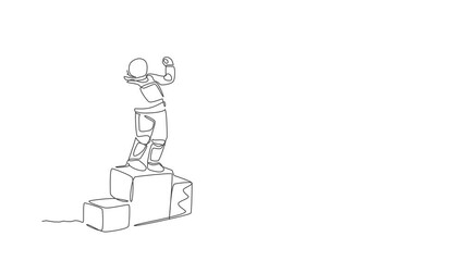Poster - Animated self drawing of one continuous line draw astronaut standing on first place podium. Deep space galaxy. Spaceman healthy fitness sport concept. Full length single line animation illustration.