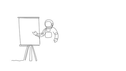 Poster - Animation of one line drawing cosmonaut giving business strategy presentation at meeting. Astronaut business office with outer space concept. Continuous line self draw animated. Full length motion.