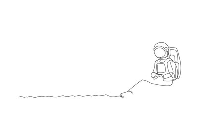 Poster - Animated self drawing of single continuous line draw astronaut sitting in moon surface while typing on laptop computer. Business office with galaxy outer space concept. Full length one line animation.