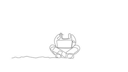 Poster - Animated self drawing of one continuous line draw young spaceman on spacesuit sitting in moon surface while typing. Astronaut business office with deep space concept. Full length single line animation