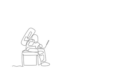 Poster - Animated self drawing of one continuous line draw spaceman on spacesuit siting on chair while typing in laptop. Astronaut business office with deep space concept. Full length single line animation.