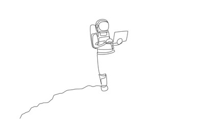 Poster - animated self drawing of single continuous line draw astronaut standing in moon surface while typing