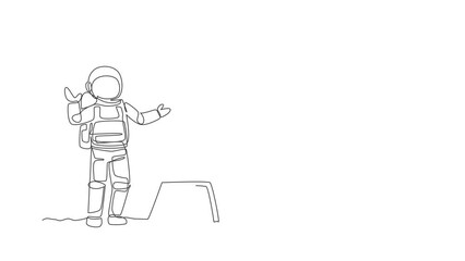 Poster - Animated self drawing of continuous line draw young spaceman on spacesuit gave business presentation in meeting. Astronaut business office with deep space concept. Full length single line animation.