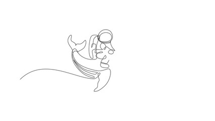 Sticker - Animated self drawing of continuous line draw cosmonaut with spacesuit riding blue whale, giant mammal animal in universe. Fantasy astronaut safari journey concept. Full length one line animation.