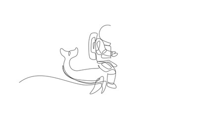 Poster - Animated self drawing of continuous line draw spaceman take a walk riding a blue whale, giant mammal animal in galaxy nebula. Deep space journey concept. Full length single line animation illustration