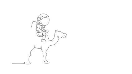 Poster - Animated self drawing of single continuous line draw cosmonaut with spacesuit riding desert camel, farm animal in moon surface. Fantasy astronaut safari journey concept. Full length one line animation