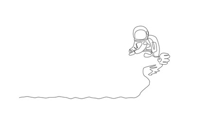 Poster - Animated self drawing of single continuous line draw cosmonaut with spacesuit riding ostrich, big bird animal in moon surface. Fantasy astronaut safari journey concept. Full length one line animation.
