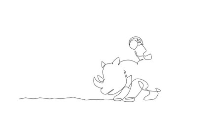Poster - Animated self drawing of one continuous line draw spaceman take a walk riding a rhinoceros, wild animal in moon surface. Deep space safari journey concept. Full length single line animation.