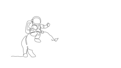 Poster - Animation of one single line drawing of astronaut riding rhinoceros, wild animal in moon surface. Cosmonaut safari journey concept. Continuous line self draw animated. Full length motion.