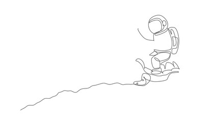 Poster - Animated self drawing of one continuous line draw spaceman take a walk riding a tortoise and waving hand in moon surface. Deep space safari journey concept. Full length single line animation.