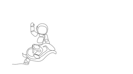 Poster - Animated self drawing of single continuous line draw cosmonaut with spacesuit riding tortoise and waving hand in moon surface. Fantasy astronaut safari journey concept. Full length one line animation.