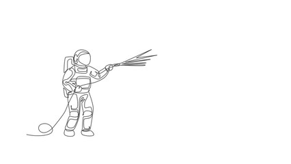 Wall Mural - Animated self drawing of single continuous line draw cosmonaut watering green grass using metal plastic hose in moon surface. Galaxy astronaut farming life concept. Full length one line animation.