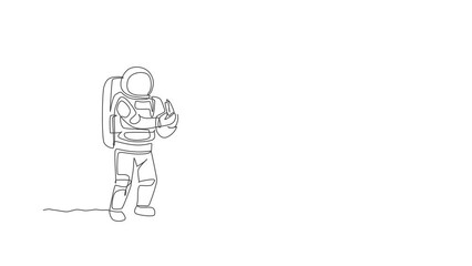 Wall Mural - Animated self drawing of one continuous line draw spaceman picking sweet corn from plant in moon surface. Deep space farming astronaut concept. Full length single line animation illustration.