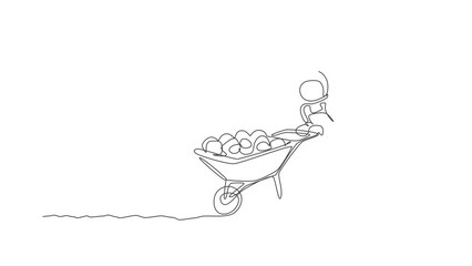 Wall Mural - Animated self drawing of single continuous line draw cosmonaut pushing wheelbarrow full of fruits and vegetables in moon surface. Galaxy astronaut farming life concept. Full length one line animation.