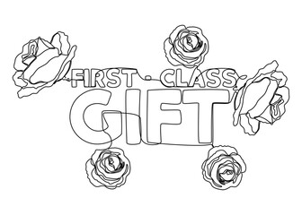 Poster - One continuous line of First-Class Gift word with rose flowers. Thin Line Illustration vector concept. Contour Drawing Creative ideas.