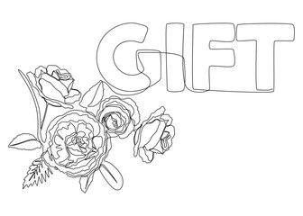 Poster - One continuous line of Gift word with rose flowers. Thin Line Illustration vector concept. Contour Drawing Creative ideas.
