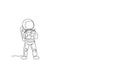Poster - Animation of one line drawing of astronaut playing airplane radio control in moon land. Doing hobby while leisure time in deep space concept. Continuous line self draw animated. Full length motion.