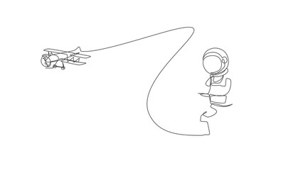 Poster - Animated self drawing of single continuous line draw astronaut playing airplane radio control in moon surface. Having fun in leisure time on outer space concept. Full length one line animation.