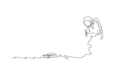 Poster - Animated self drawing of continuous line draw astronaut playing speed boat radio control in moon cosmic galaxy. Outer space hobby and lifestyle concept. Full length single line animation illustration.