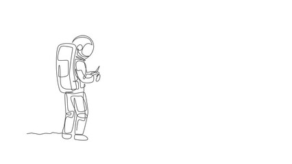 Poster - Animated self drawing of single continuous line draw astronaut playing metal war tank radio control in moon surface. Having fun in leisure time on outer space concept. Full length one line animation.