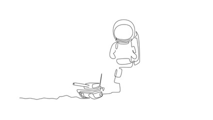 Poster - Animated self drawing of continuous line draw astronaut playing war tank radio control in moon cosmic galaxy. Outer space hobby and lifestyle concept. Full length single line animation illustration.