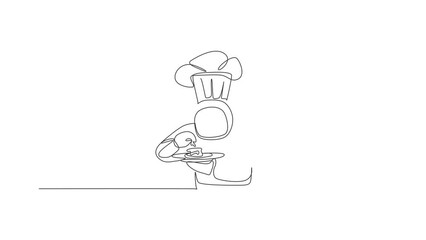 Poster - Animated self drawing of single continuous line draw astronaut tasting delicious food before serving to customer in outer space cafe. Healthy restaurant cuisine concept. Full length one line animation