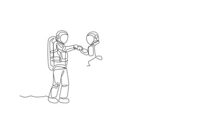 Poster - animated self drawing of one continuous line draw young happy astronaut giving fist bump gesture to 