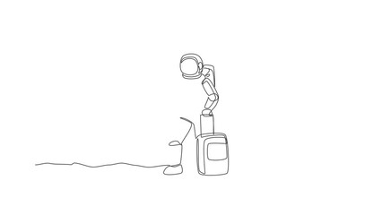 Poster - Animated self drawing of single continuous line draw young astronaut carrying luggage bag want to travel in moon surface. Space man cosmic galaxy concept. Full length one line animation illustration.
