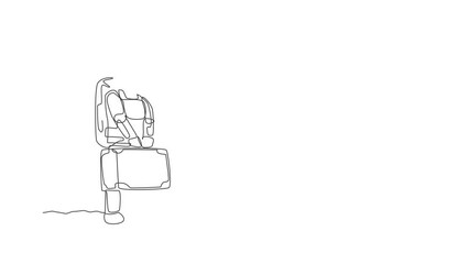 Poster - Animated self drawing of one continuous line draw young happy astronaut holding big suitcase luggage want to travel in moon surface. Space man deep space concept. Full length single line animation.