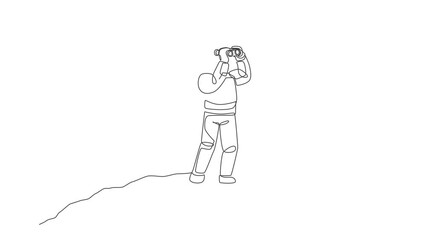 Poster - Animation of one line drawing of young happy astronaut enjoying to see scenery using binocular in moon surface. Cosmonaut outer space concept. Continuous line self draw animated. Full length motion.
