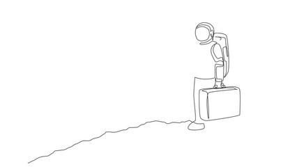 Poster - animated self drawing of single continuous line draw young astronaut holding suitcase and looking wi