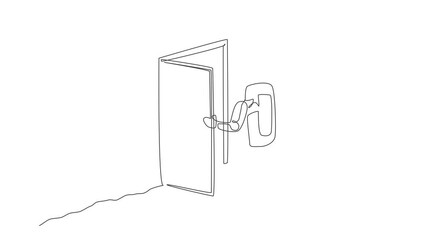 Poster - animated self drawing of single continuous line draw astronaut entering open door gate into new dime