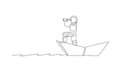 Poster - animation of one line drawing astronaut look at forward using telescope while standing on paper boat