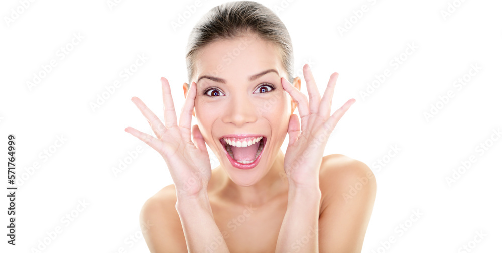 Beauty - happy funny Asian woman face expression. Girl surprised and excited showing fun facial expression. Beautiful healthy girl with perfect skin screaming joyful in surprise. Model isolated PNG.