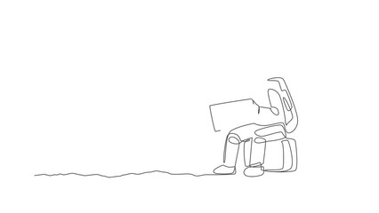 Poster - animation of one line drawing of astronaut hitchhiker siting on luggage, waiting for the ride in moo