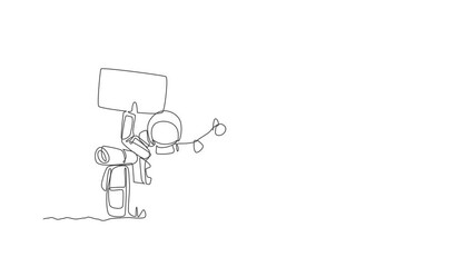 Poster - Animated self drawing of single continuous line draw astronaut hitchhiker holding paper board while waiting for ride in moon surface road. Cosmonaut outer space concept. Full length one line animation