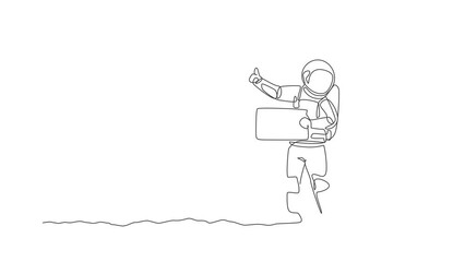 Poster - Animated self drawing of single continuous line draw young astronaut hitchhiker waiting for transport beside the roadway in moon surface. Cosmonaut outer space concept. Full length one line animation.