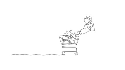 Poster - Animated self drawing of one continuous line draw young astronaut pushing trolley with stars inside and buying toy in supermarket. Cosmic galaxy space concept. Full length single line animation.