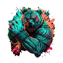 Wall Mural - Epic, Unique, and Artistic Bear Animal Moscot Sports Team Logo T-Shirt Graphic Design in Tattoo Style with Neon Colors Isolated on Transparent Background PNG generative AI