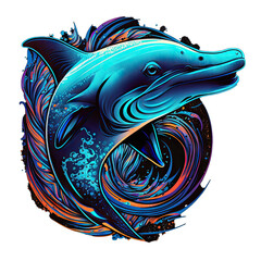 Wall Mural - Epic, Unique, and Artistic dolphin Animal Moscot Sports Team Logo T-Shirt Graphic Design in Tattoo Style with Neon Colors Isolated on Transparent Background PNG generative AI