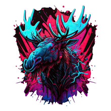 Epic, Unique, And Artistic Moose Animal Moscot Sports Team Logo T-Shirt Graphic Design In Tattoo Style With Neon Colors Isolated On Transparent Background PNG Generative AI