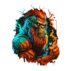 Wall Mural - Epic, Unique, and Artistic Orangutan Animal Moscot Sports Team Logo T-Shirt Graphic Design in Tattoo Style with Neon Colors Isolated on Transparent Background PNG generative AI