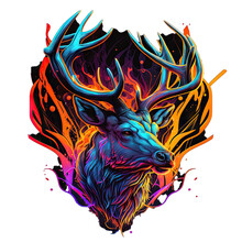 Epic, Unique, And Artistic Reindeer Animal Moscot Sports Team Logo T-Shirt Graphic Design In Tattoo Style With Neon Colors Isolated On Transparent Background PNG Generative AI