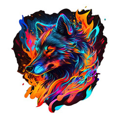 Wall Mural - Epic, Unique, and Artistic Wolf Animal Moscot Sports Team Logo T-Shirt Graphic Design in Tattoo Style with Neon Colors Isolated on Transparent Background PNG generative AI