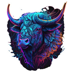 Wall Mural - Epic, Unique, and Artistic Yak Animal Moscot Sports Team Logo T-Shirt Graphic Design in Tattoo Style with Neon Colors Isolated on Transparent Background PNG generative AI