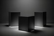 Elegant three black cube stand for product placement mockup. Dark podium exhibition scene background. Minimal box platform showroom with spot light Generative AI